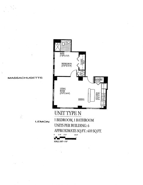 Floor plan for 1 bed, 1 bath, 610 sqft